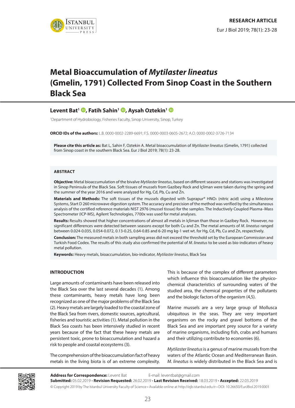 Metal Bioaccumulation of Mytilaster Lineatus (Gmelin, 1791) Collected from Sinop Coast in the Southern Black Sea