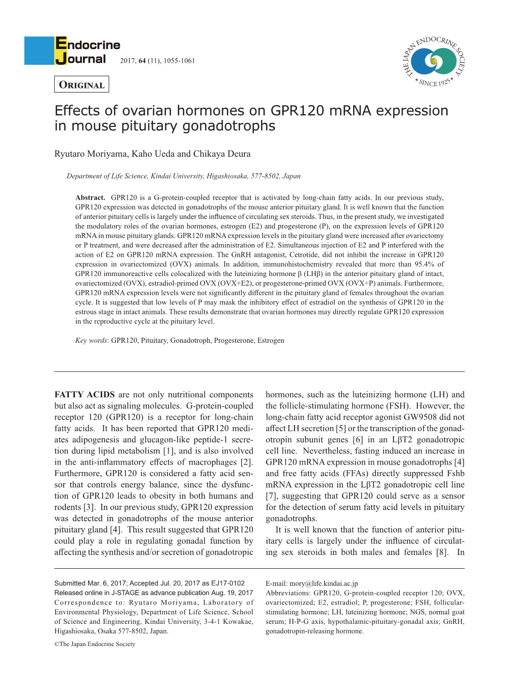 Effects of Ovarian Hormones on GPR120 Mrna Expression in Mouse Pituitary Gonadotrophs