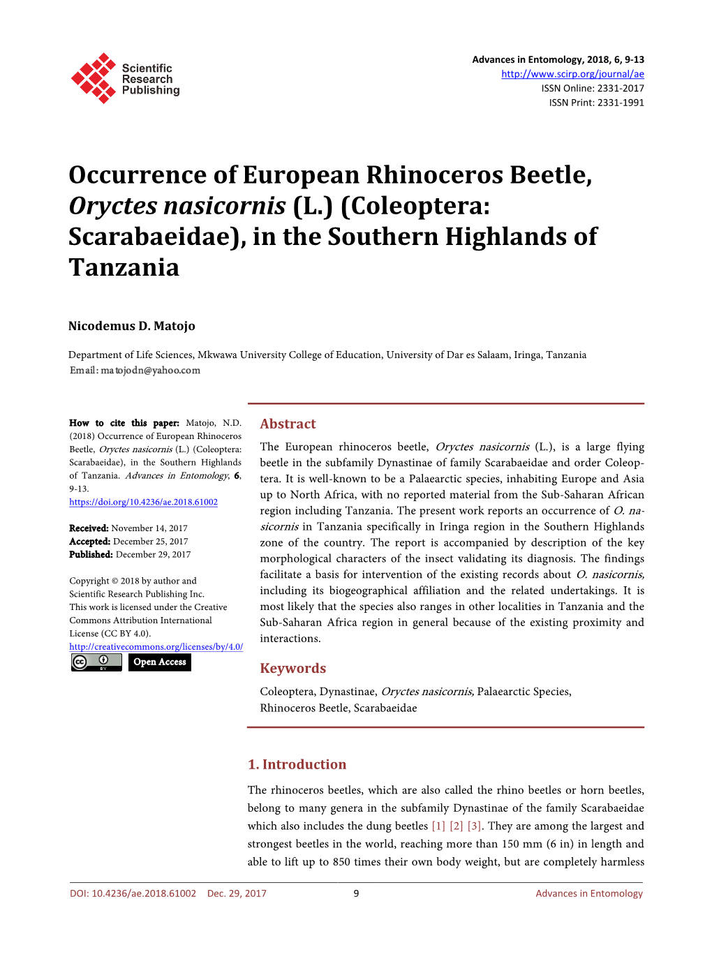 Occurrence of European Rhinoceros Beetle, Oryctes Nasicornis (L.) (Coleoptera: Scarabaeidae), in the Southern Highlands of Tanzania