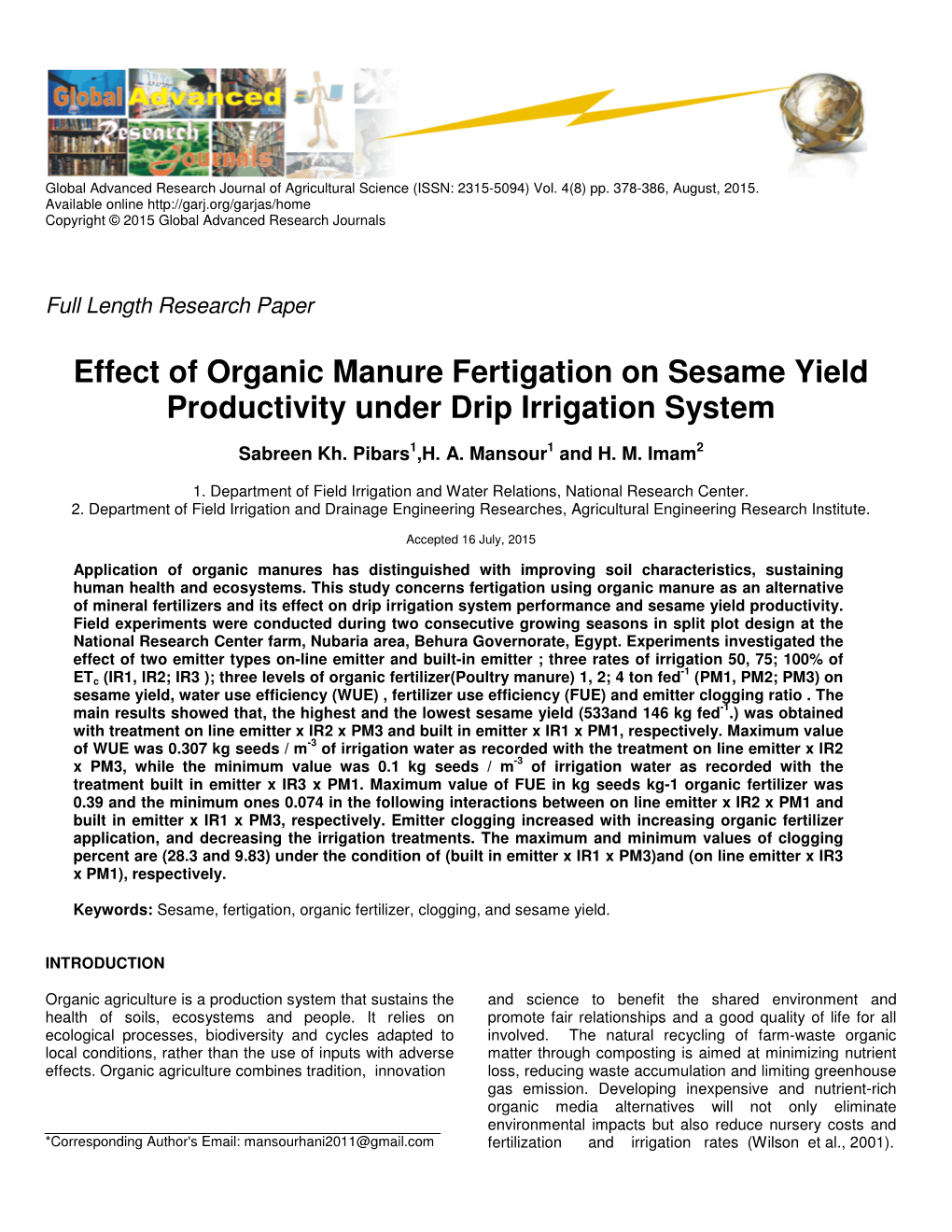 Effect of Organic Manure Fertigation on Sesame Yield Productivity Under Drip Irrigation System
