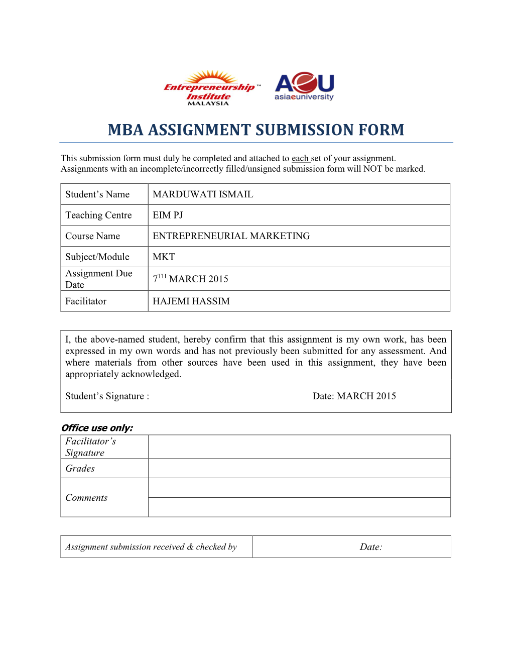 Mba Assignment Submission Form