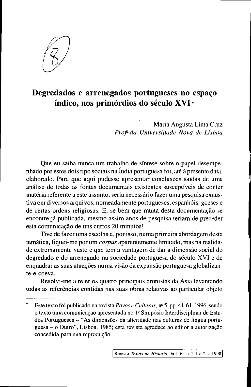 Degredados E Arrenegados Portugueses No Espaço Índico, Nos Primórdios Do Século XVI *