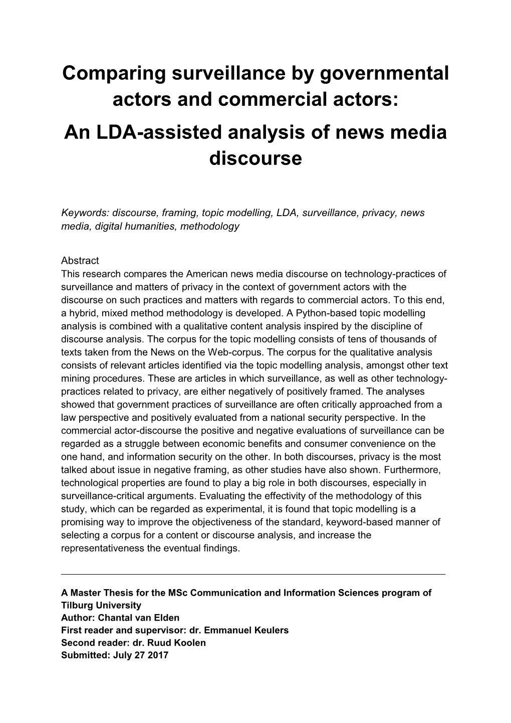 Comparing Surveillance by Governmental Actors and Commercial Actors: an LDA-Assisted Analysis of News Media Discourse
