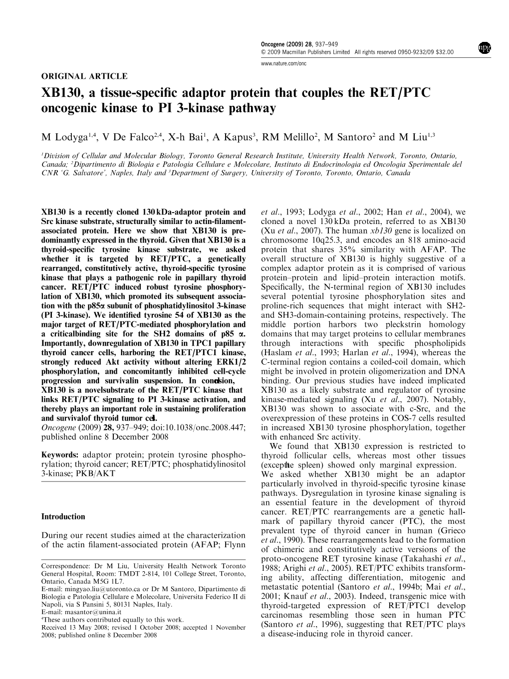 XB130, a Tissue-Specific Adaptor Protein That Couples the RET/PTC Oncogenic Kinase to PI 3-Kinase Pathway