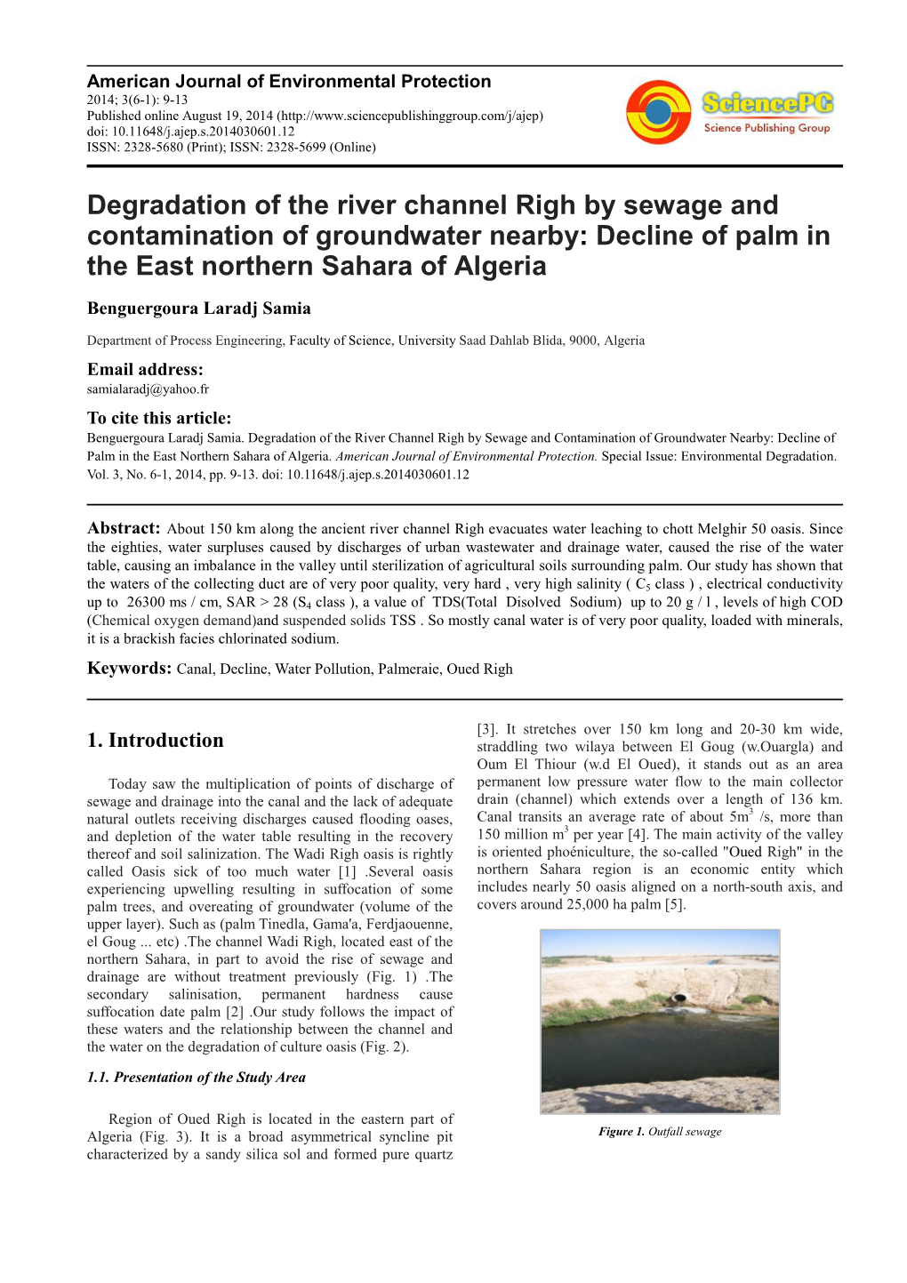 Degradation of the River Channel Righ by Sewage and Contamination of Groundwater Nearby : Decline of Palm in the East Northern Sahara of Algeria