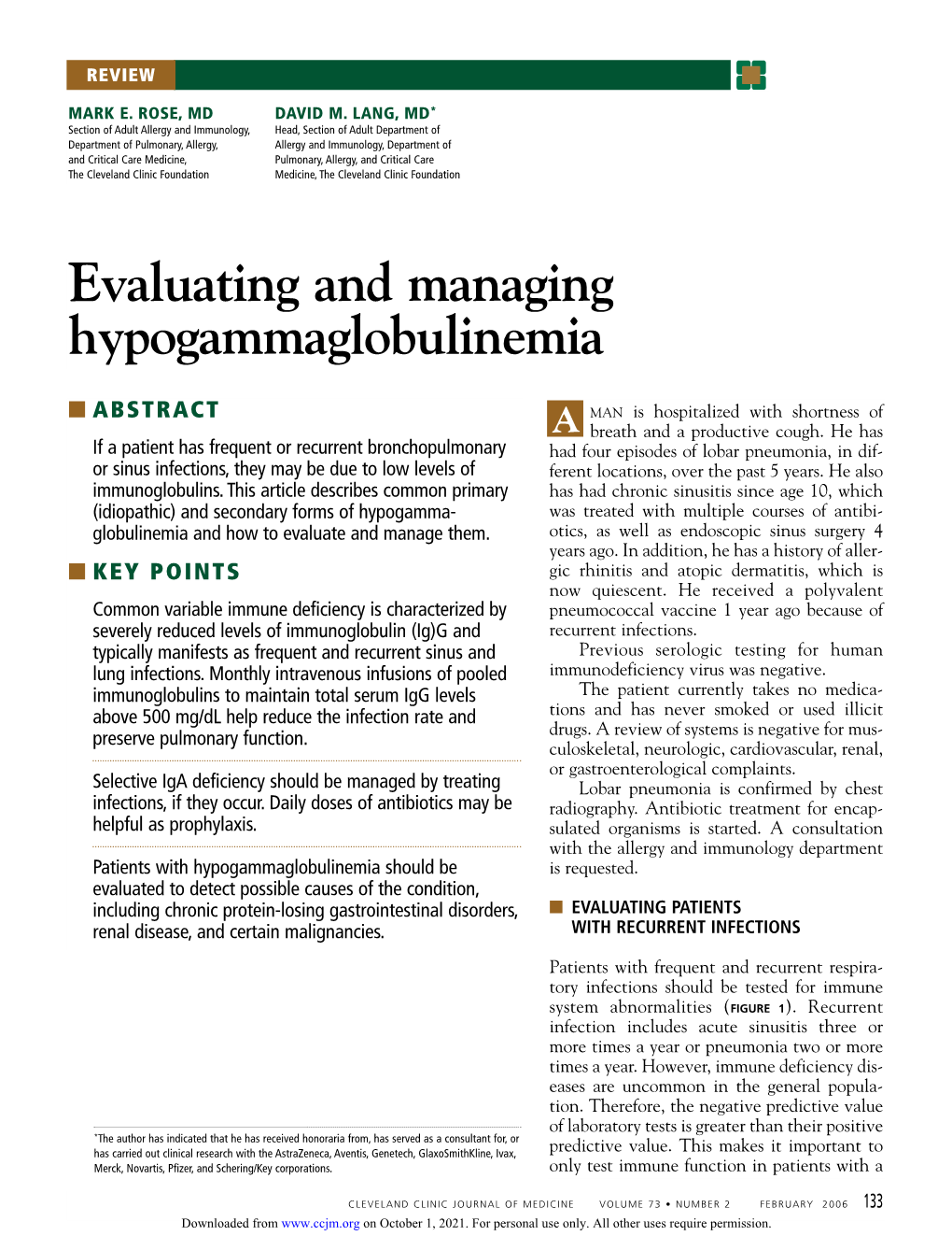 Evaluating and Managing Hypogammaglobulinemia