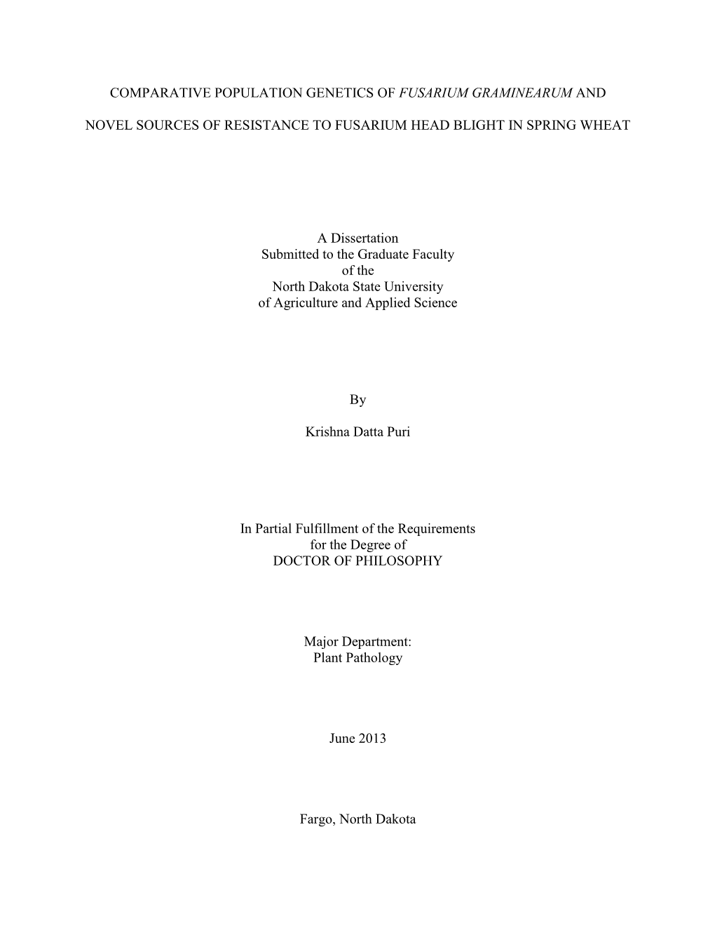 I COMPARATIVE POPULATION GENETICS of FUSARIUM