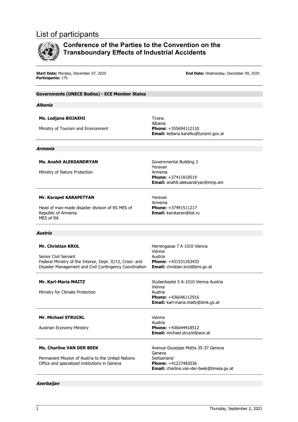 List of Participants Conference of the Parties to the Convention on the Transboundary Effects of Industrial Accidents