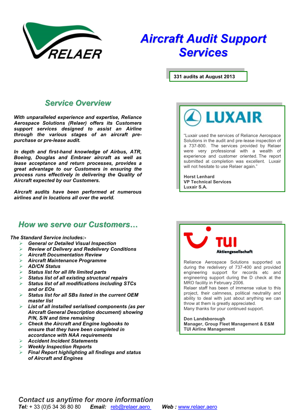 Aircraft Audit Support Services