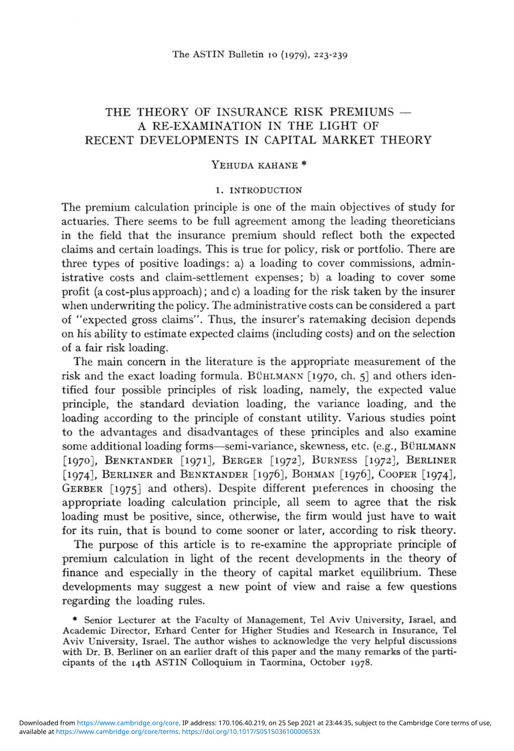The Theory of Insurance Risk Premiums — a Re-Examination in the Light of Recent Developments in Capital Market Theory