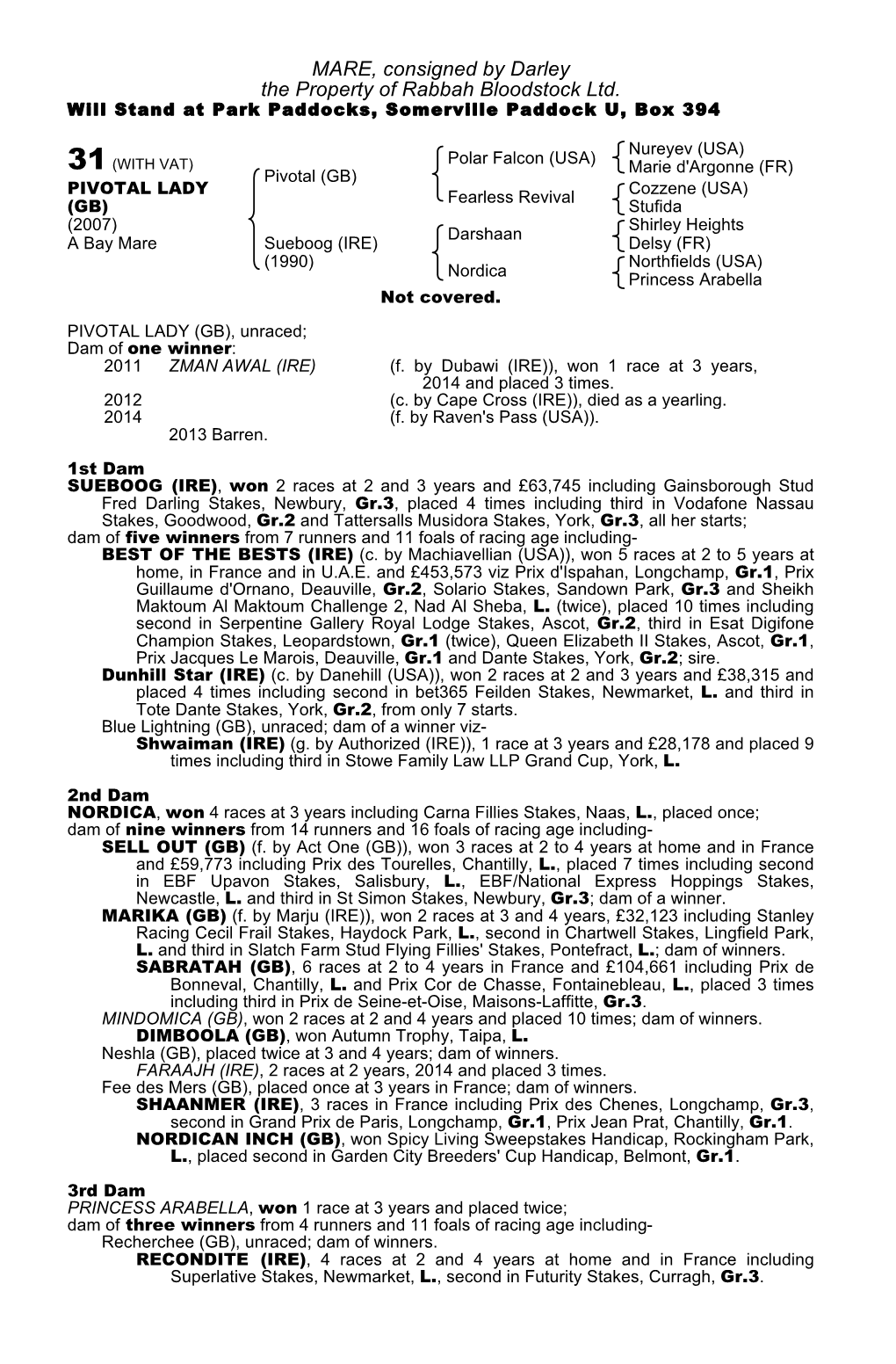 MARE, Consigned by Darley the Property of Rabbah Bloodstock Ltd. Will Stand at Park Paddocks, Somerville Paddock U, Box 394