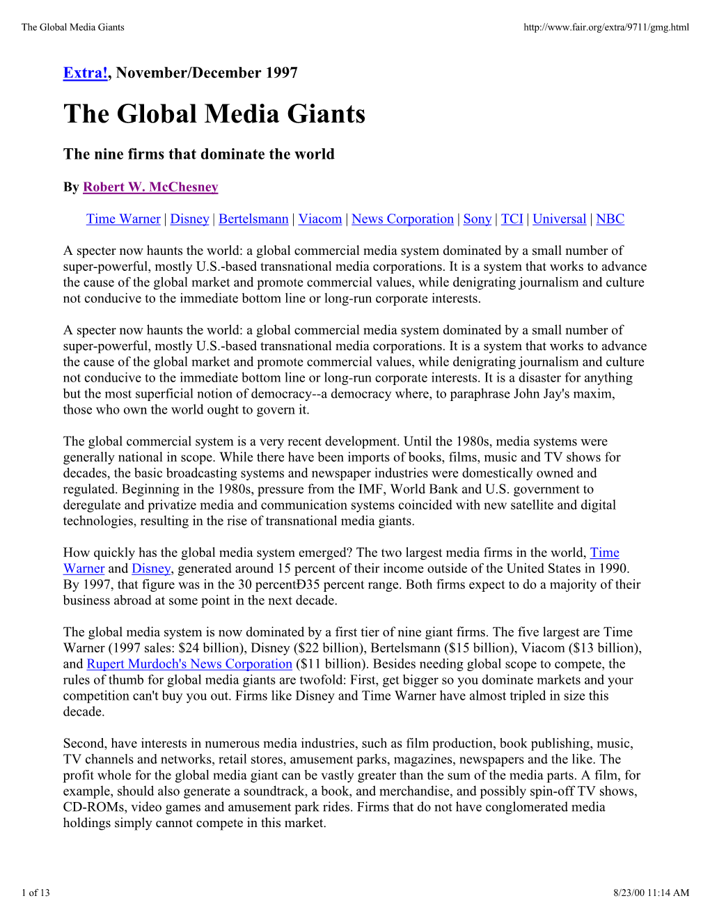 The Global Media Giants: the Nine Firms That Dominate the World