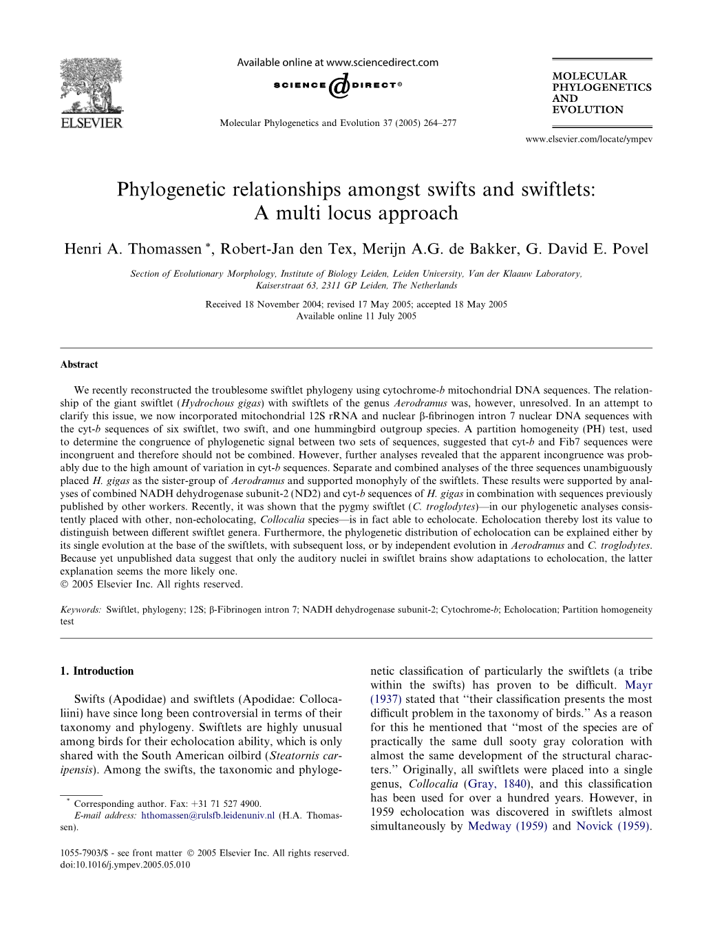 Phylogenetic Relationships Amongst Swifts and Swiftlets: a Multi Locus Approach