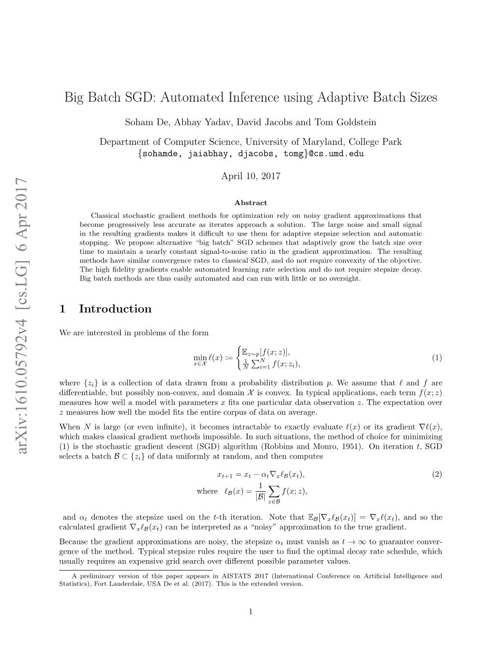 Big Batch SGD: Automated Inference Using Adaptive Batch Sizes