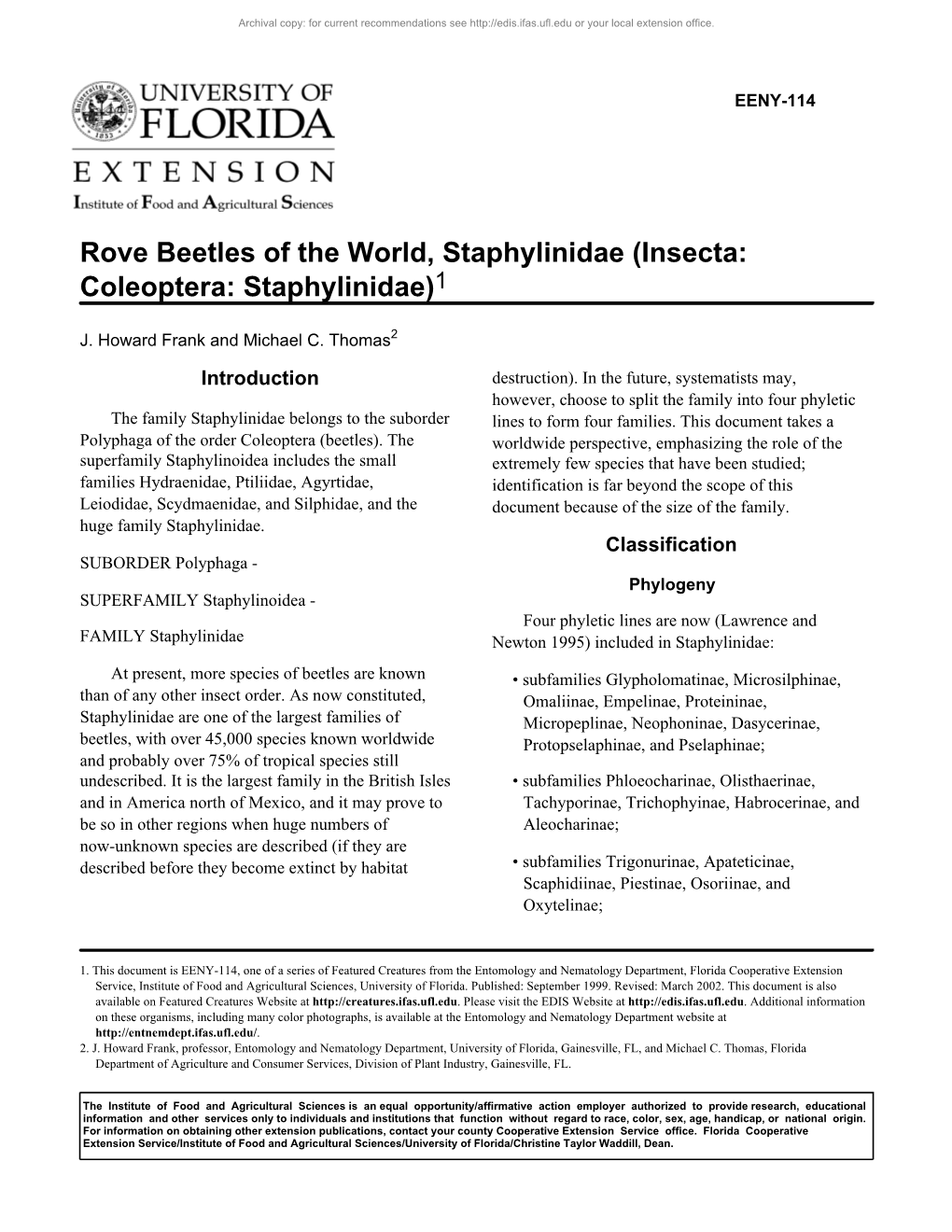 Rove Beetles of the World, Staphylinidae (Insecta: Coleoptera: Staphylinidae)1