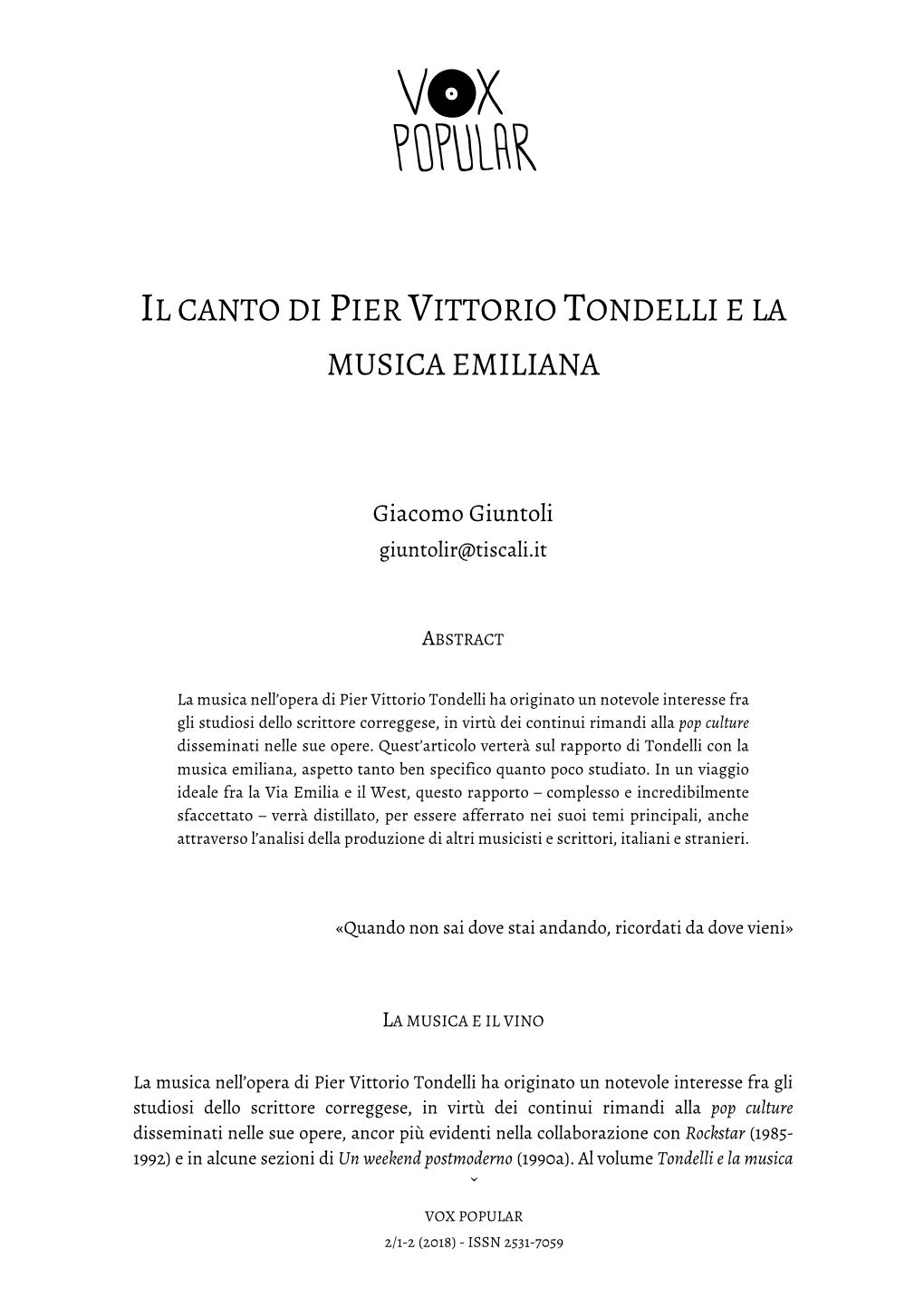 Il Canto Di Pier Vittorio Tondelli E La Musica Emiliana