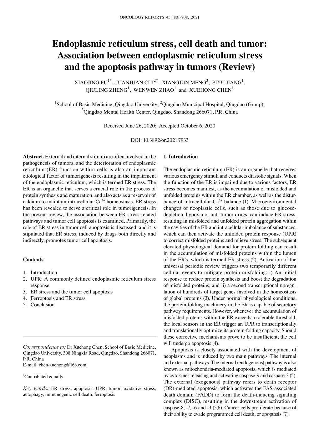 Endoplasmic Reticulum Stress, Cell Death and Tumor: Association Between Endoplasmic Reticulum Stress and the Apoptosis Pathway in Tumors (Review)