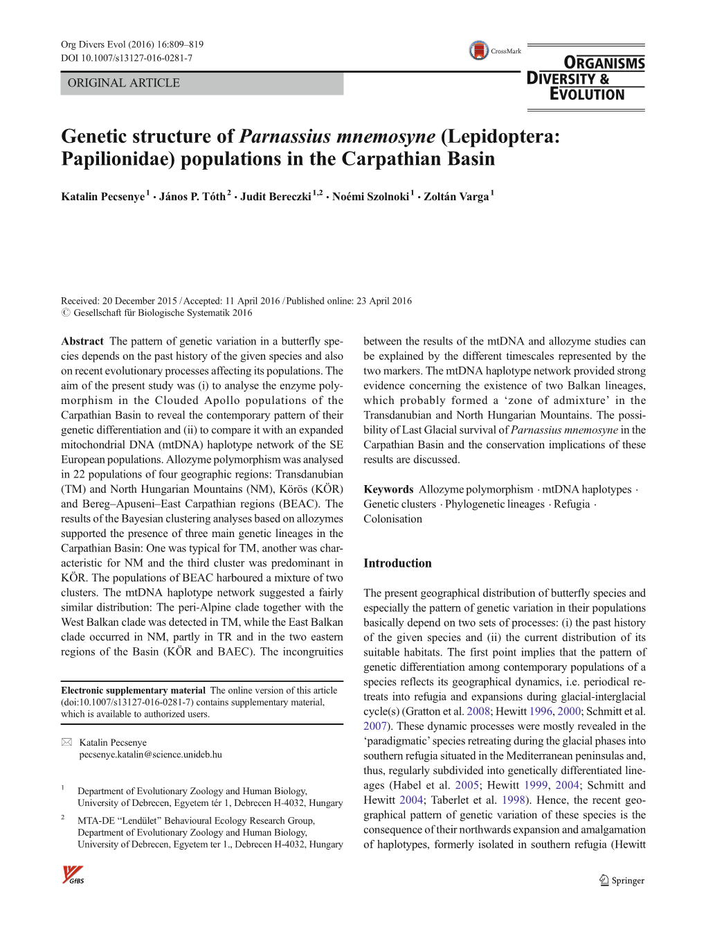 Genetic Structure of Parnassius Mnemosyne (Lepidoptera: Papilionidae) Populations in the Carpathian Basin