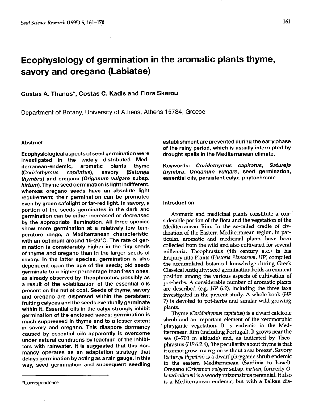 Ecophysiology ΟΙ Germination Ίn the Aromatic Plants Thyme, Savory And