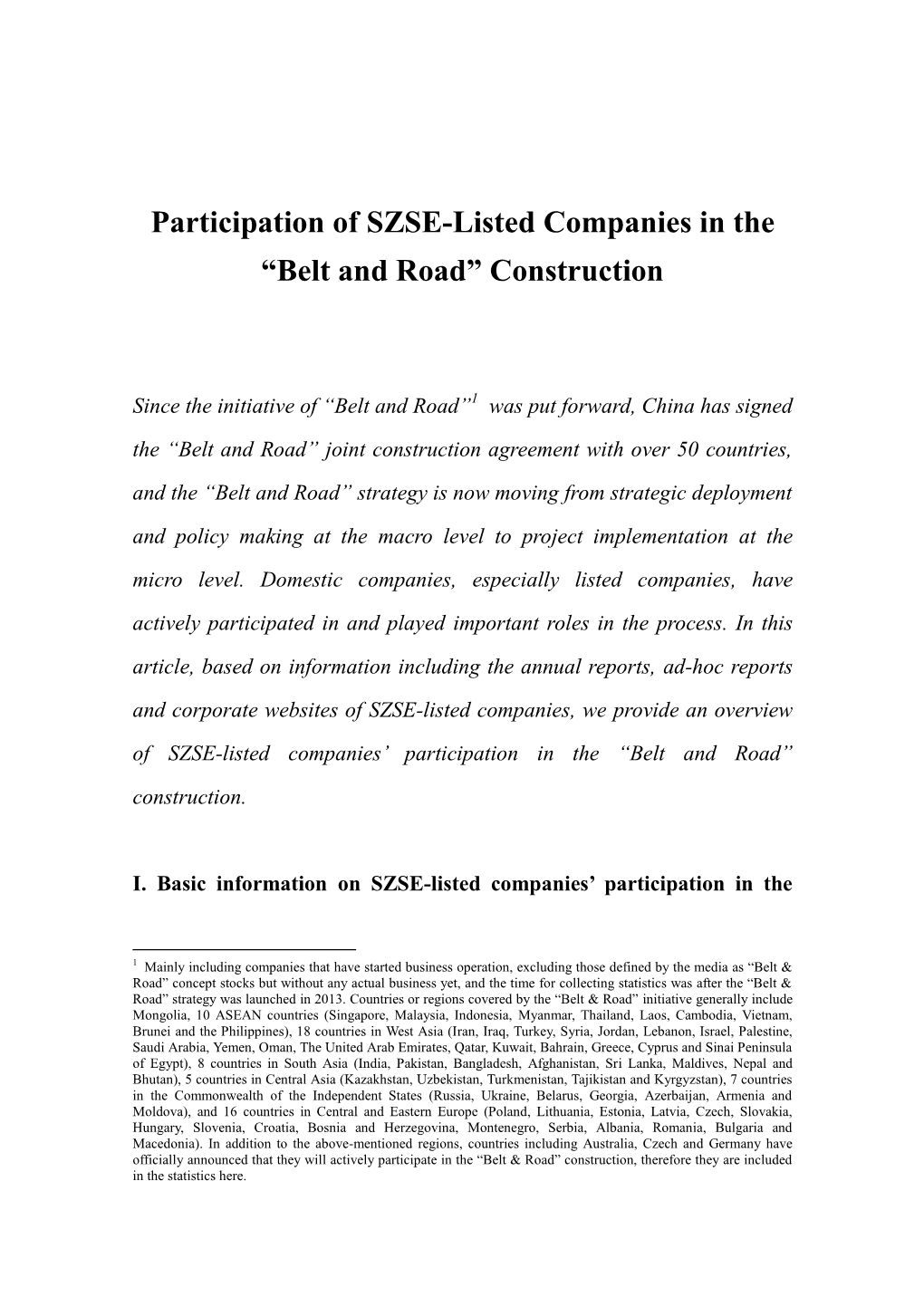 Participation of SZSE-Listed Companies in the “Belt and Road” Construction