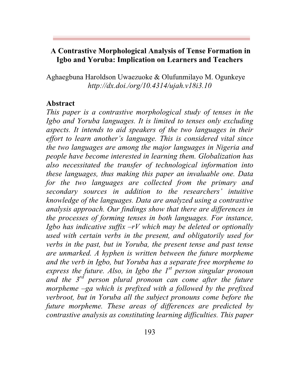 193 a Contrastive Morphological Analysis of Tense Formation in Igbo