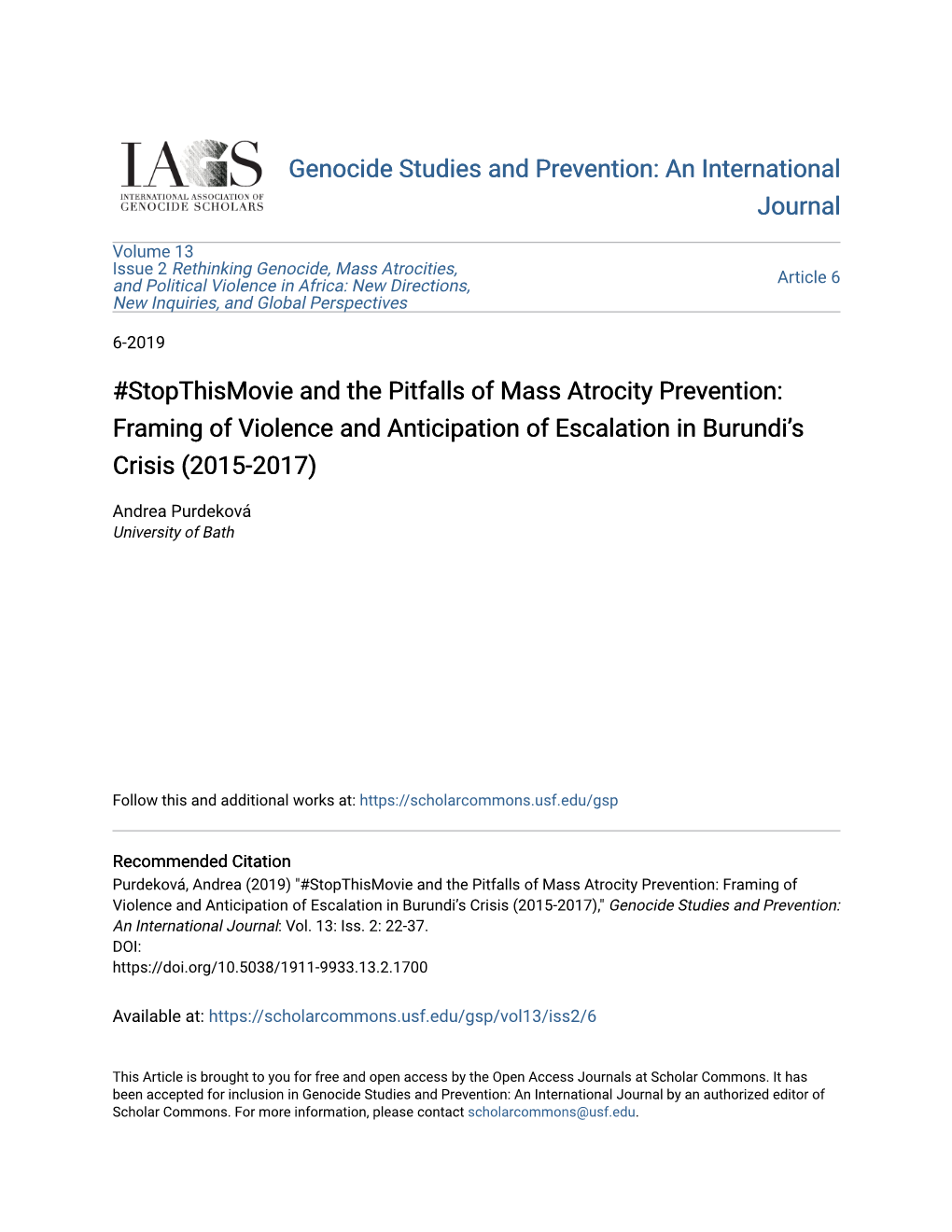 Stopthismovie and the Pitfalls of Mass Atrocity Prevention: Framing of Violence and Anticipation of Escalation in Burundi’S Crisis (2015-2017)