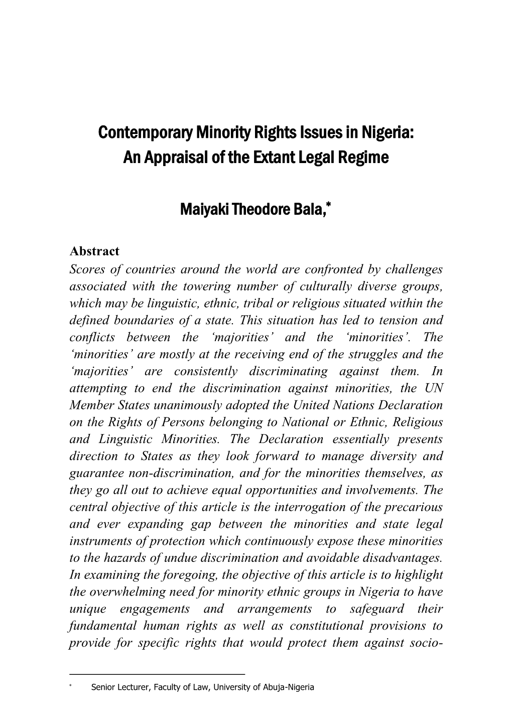 Contemporary Minority Rights Issues in Nigeria: an Appraisal of the Extant Legal Regime