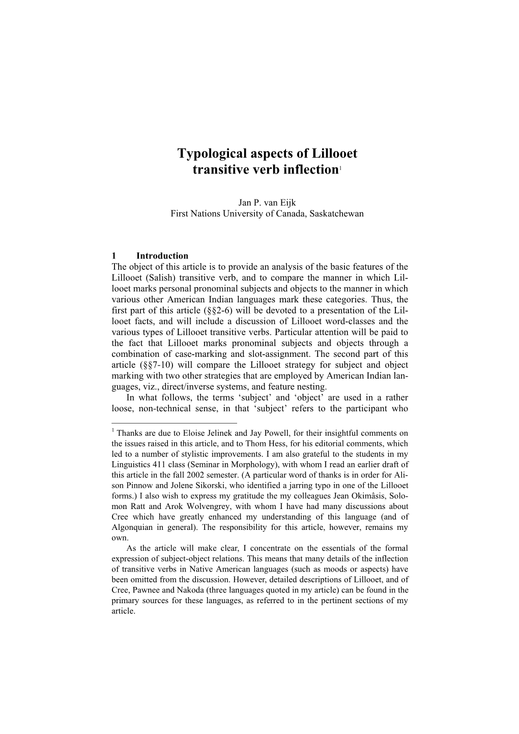 Typological Aspects of Lillooet Transitive Verb Inflection1