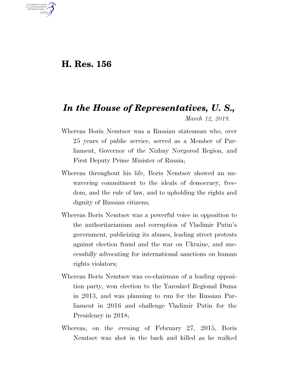 H. Res. 156 in the House of Representatives, U