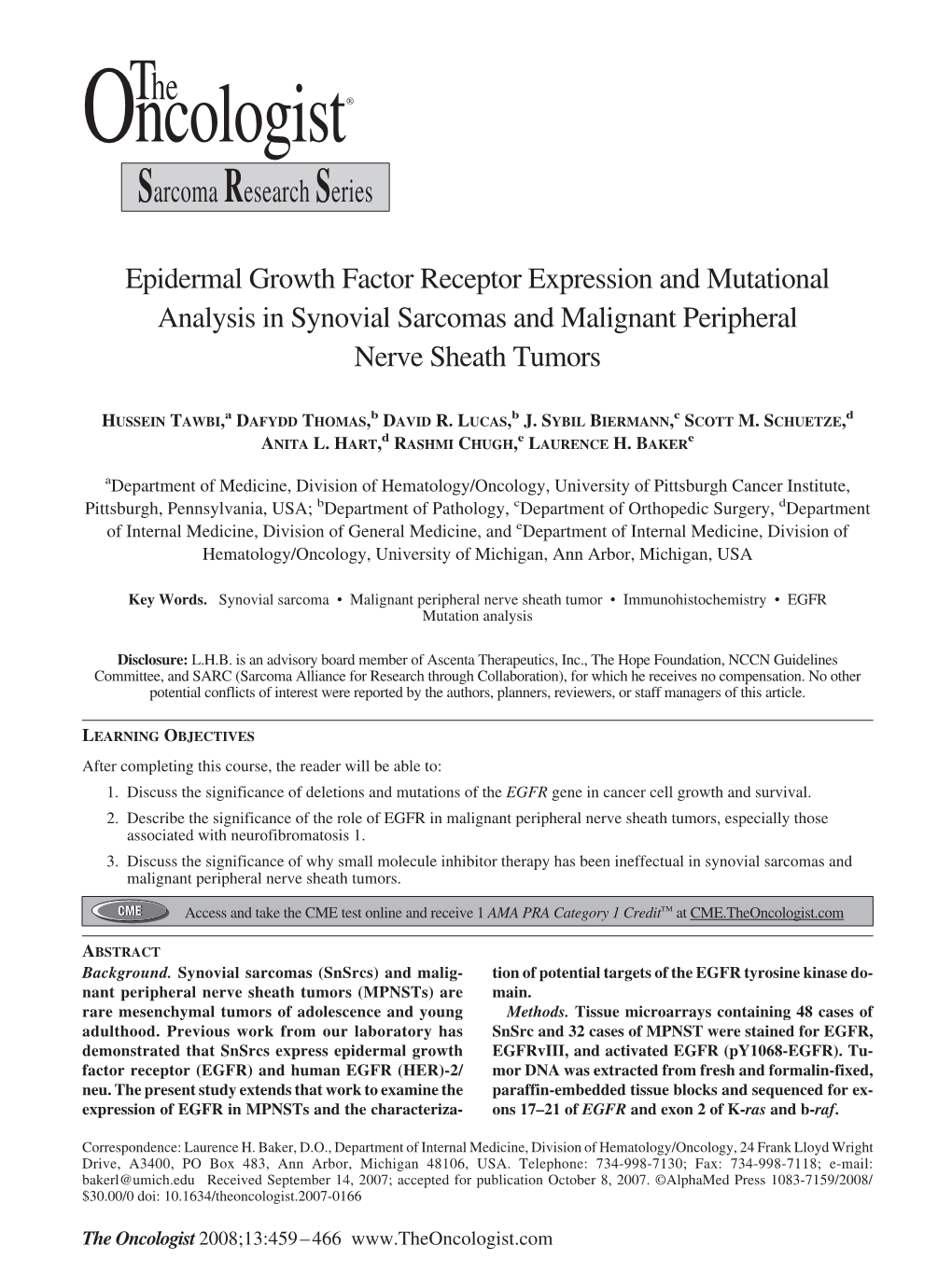 Epidermal Growth Factor Receptor Expression and Mutational Analysis in Synovial Sarcomas and Malignant Peripheral Nerve Sheath Tumors
