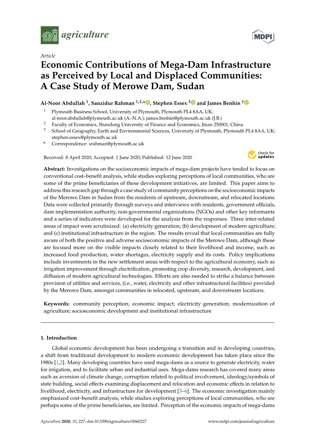 Economic Contributions of Mega-Dam Infrastructure As Perceived by Local and Displaced Communities: a Case Study of Merowe Dam, Sudan