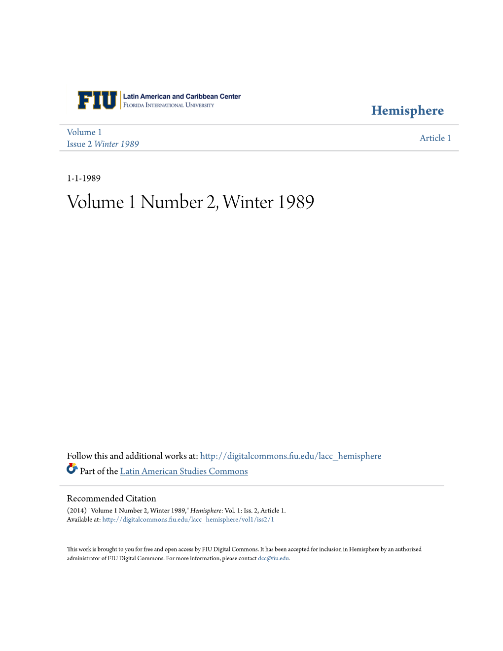 Volume 1 Number 2, Winter 1989