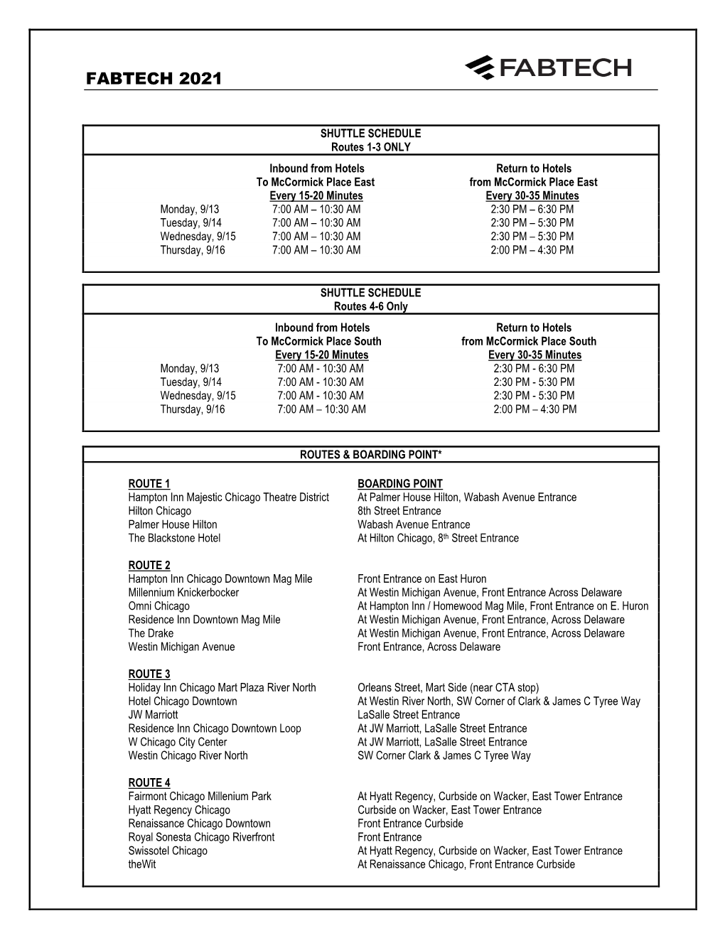 Exhibitor Shuttle Schedule