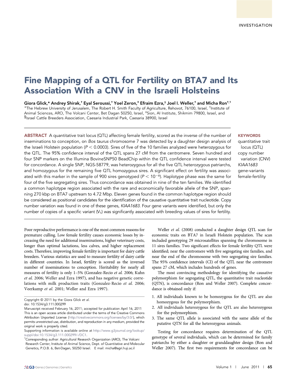Fine Mapping of a QTL for Fertility on BTA7 and Its Association with a CNV in the Israeli Holsteins