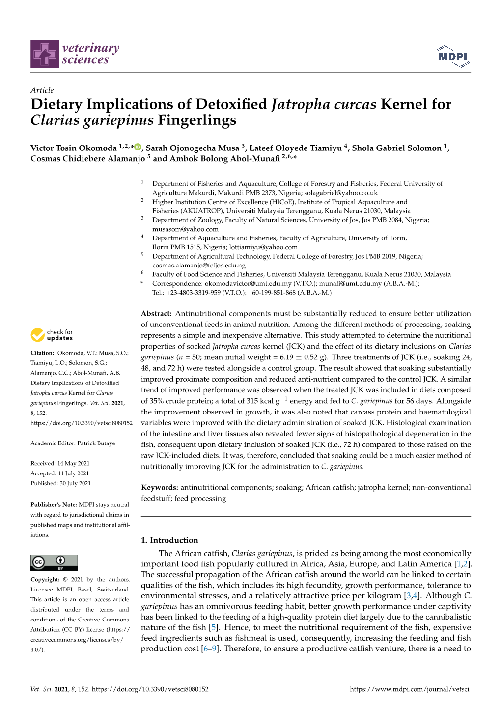 Dietary Implications of Detoxified Jatropha Curcas Kernel for Clarias