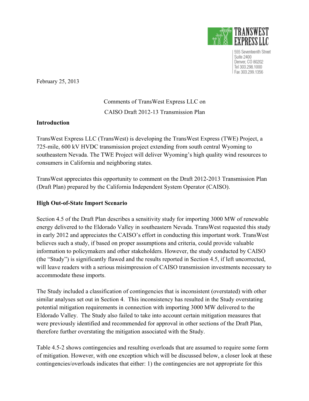 Transwest Express Comments on Draft 2012-2013