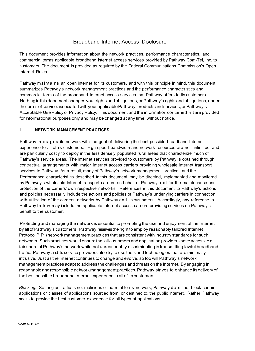 Broadband Internet Access Disclosure