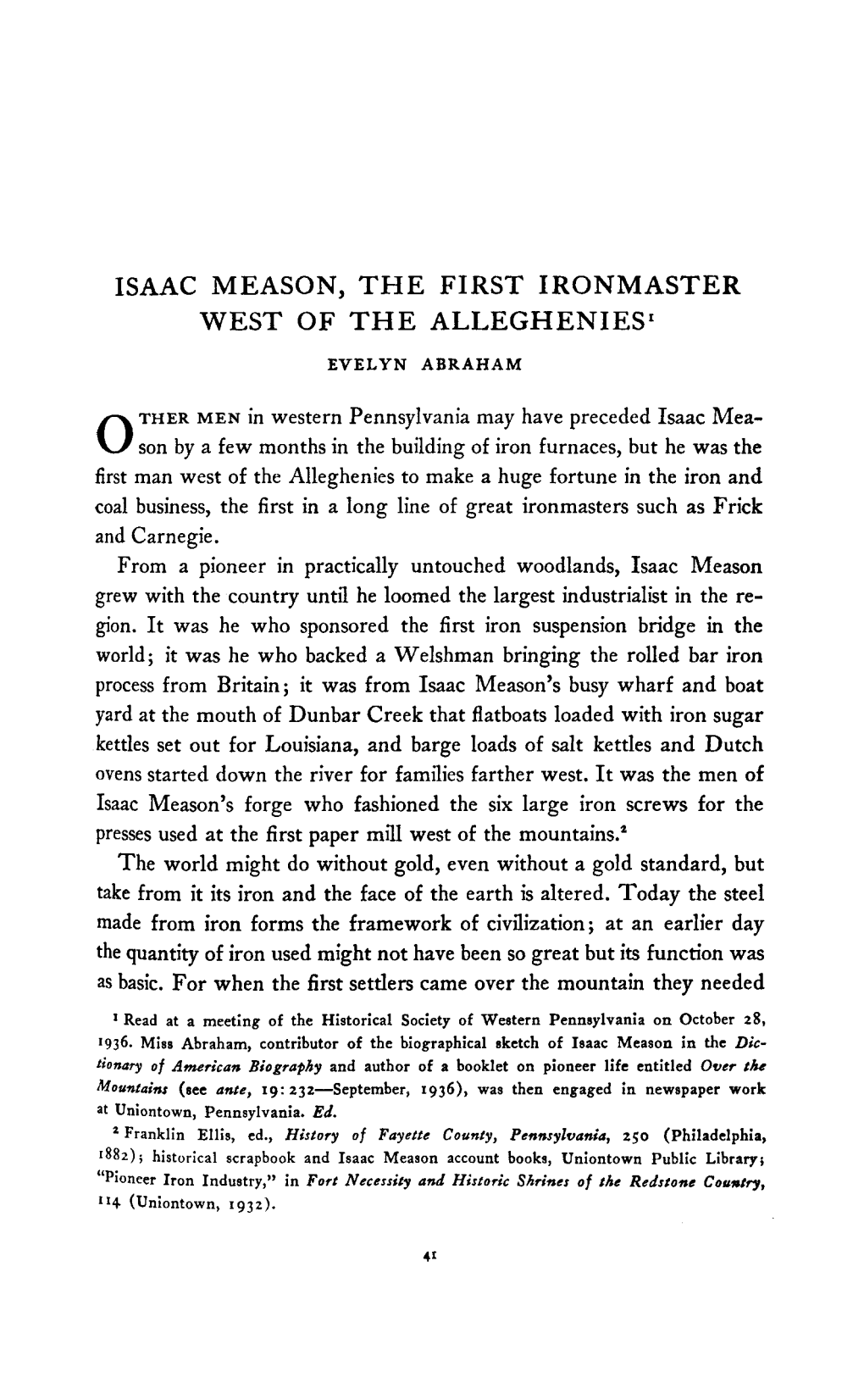 Isaac Meason, the First Ironmaster West of the Alleghenies1