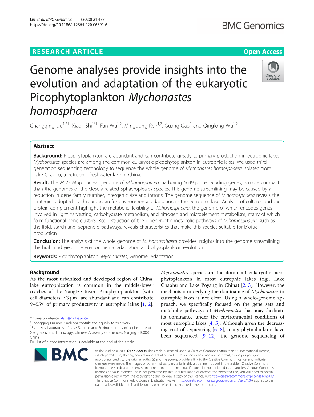 Genome Analyses Provide Insights Into the Evolution and Adaptation of the Eukaryotic Picophytoplankton Mychonastes Homosphaera