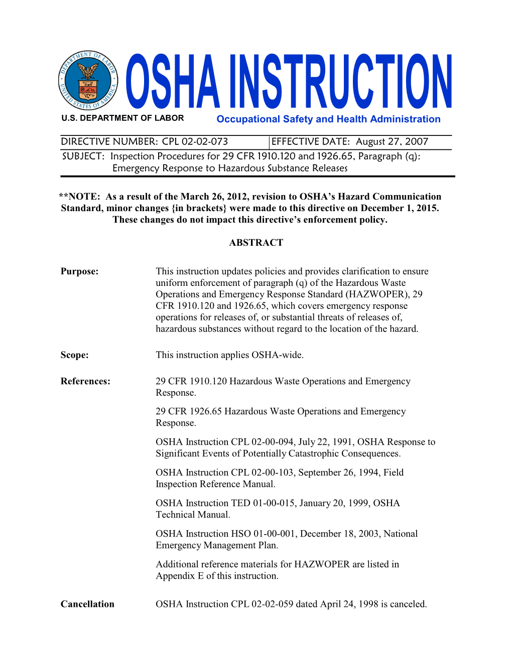 Inspection Procedures for 29 CFR 1910.120 and 1926.65, Paragraph (Q): Emergency Response to Hazardous Substance Releases