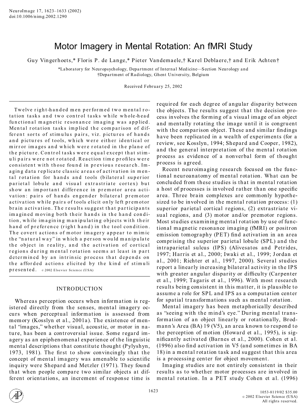 Motor Imagery in Mental Rotation: an Fmri Study