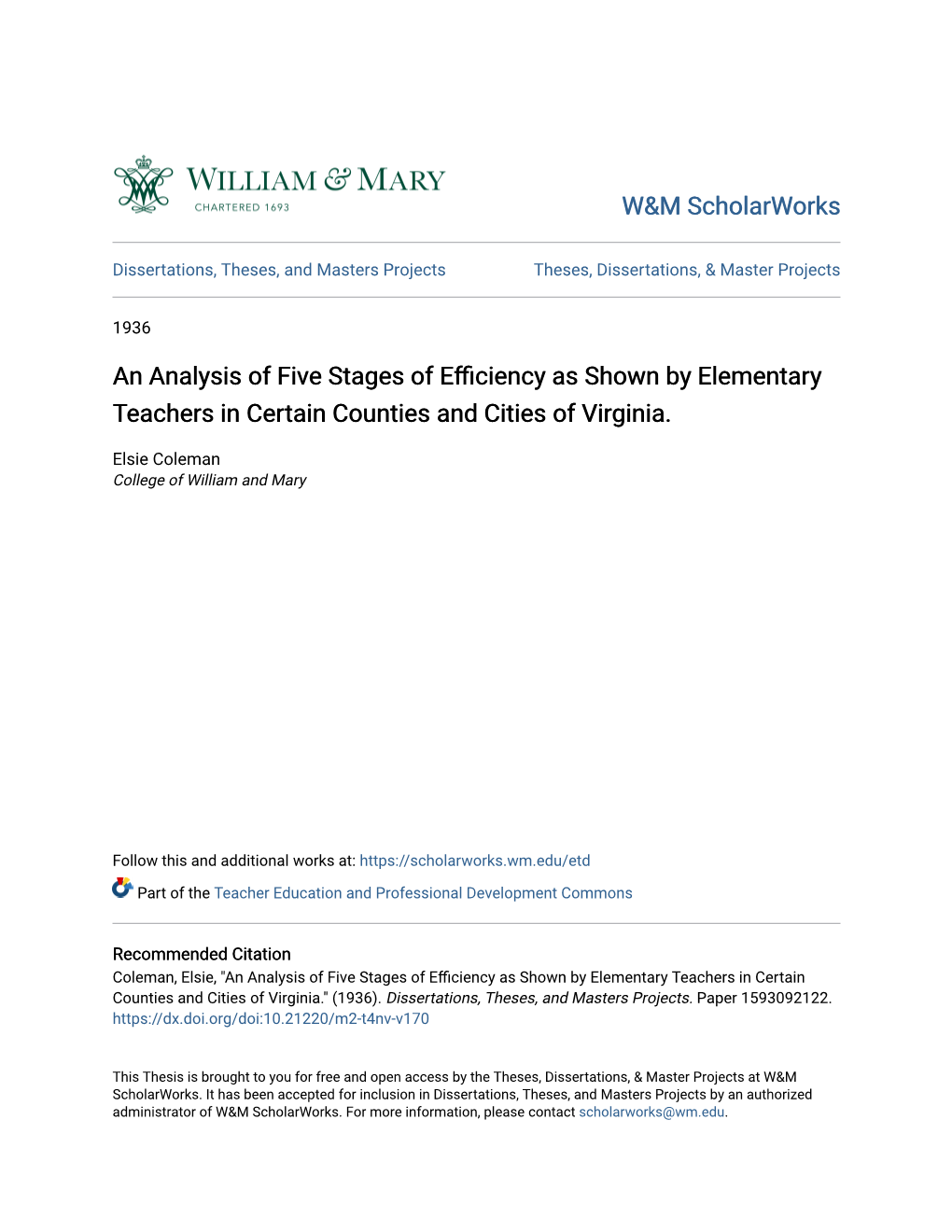 An Analysis of Five Stages of Efficiency As Shown by Elementary Teachers in Certain Counties and Cities of Virginia