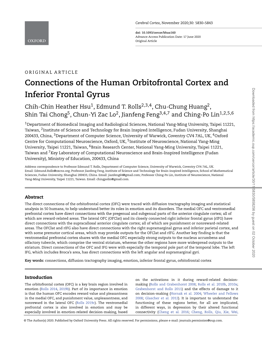 Connections of the Human Orbitofrontal Cortex and Inferior Frontal Gyrus Hsu, Rolls Et Al