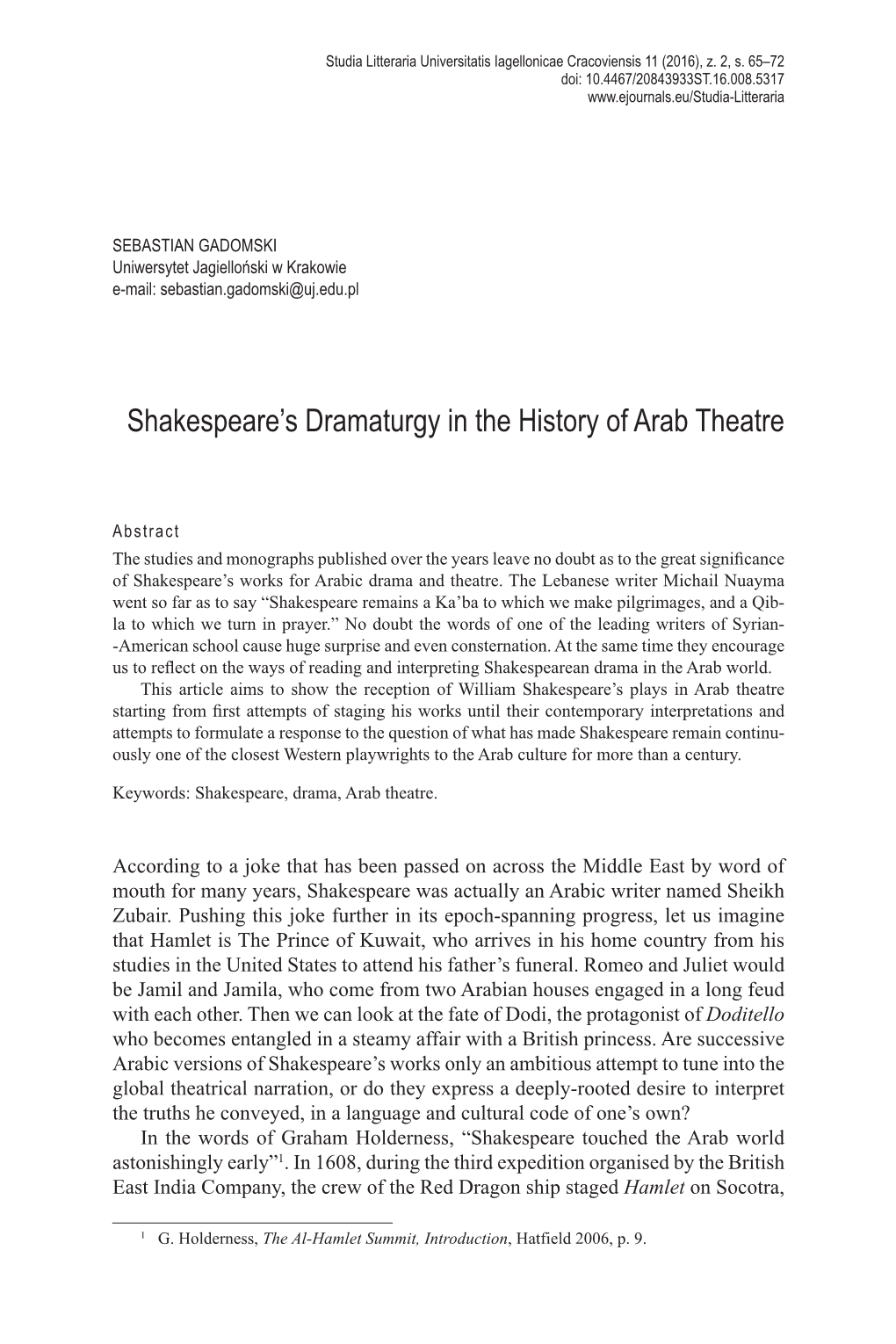 Shakespeare's Dramaturgy in the History of Arab Theatre