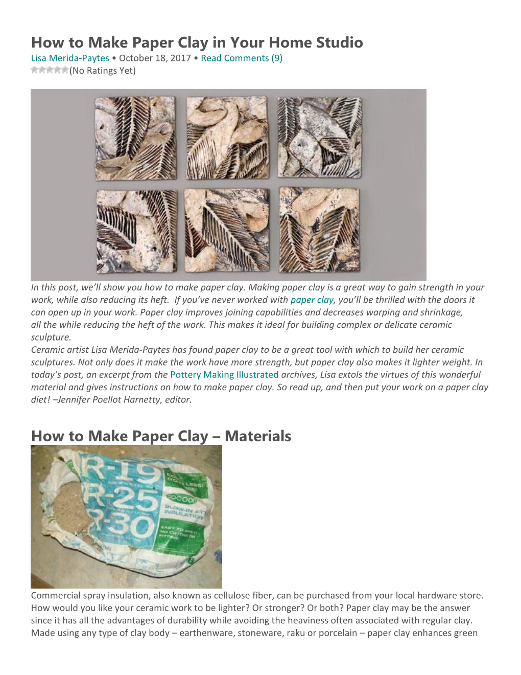 How to Make Paper Clay in Your Home Studio Lisa Merida-Paytes • October 18, 2017 • Read Comments (9) (No Ratings Yet)