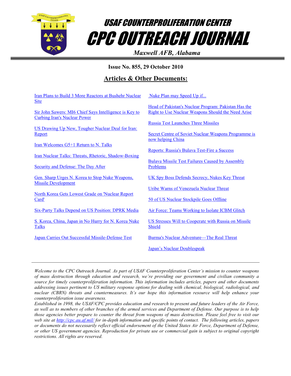 USAF Counterproliferation Center CPC Outreach Journal #855