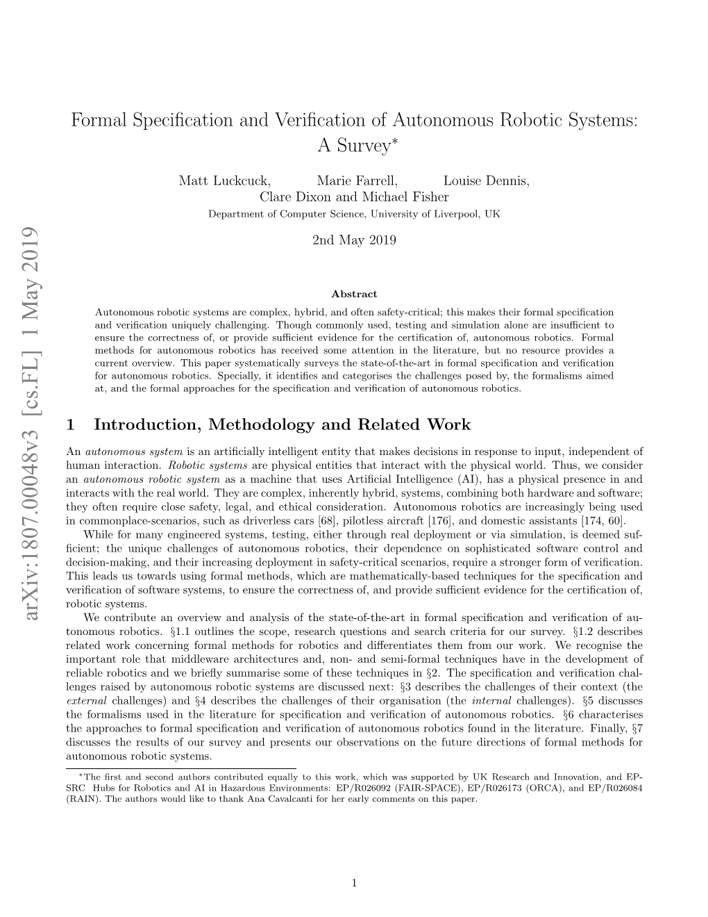 Formal Specification and Verification of Autonomous Robotic Systems: a Survey
