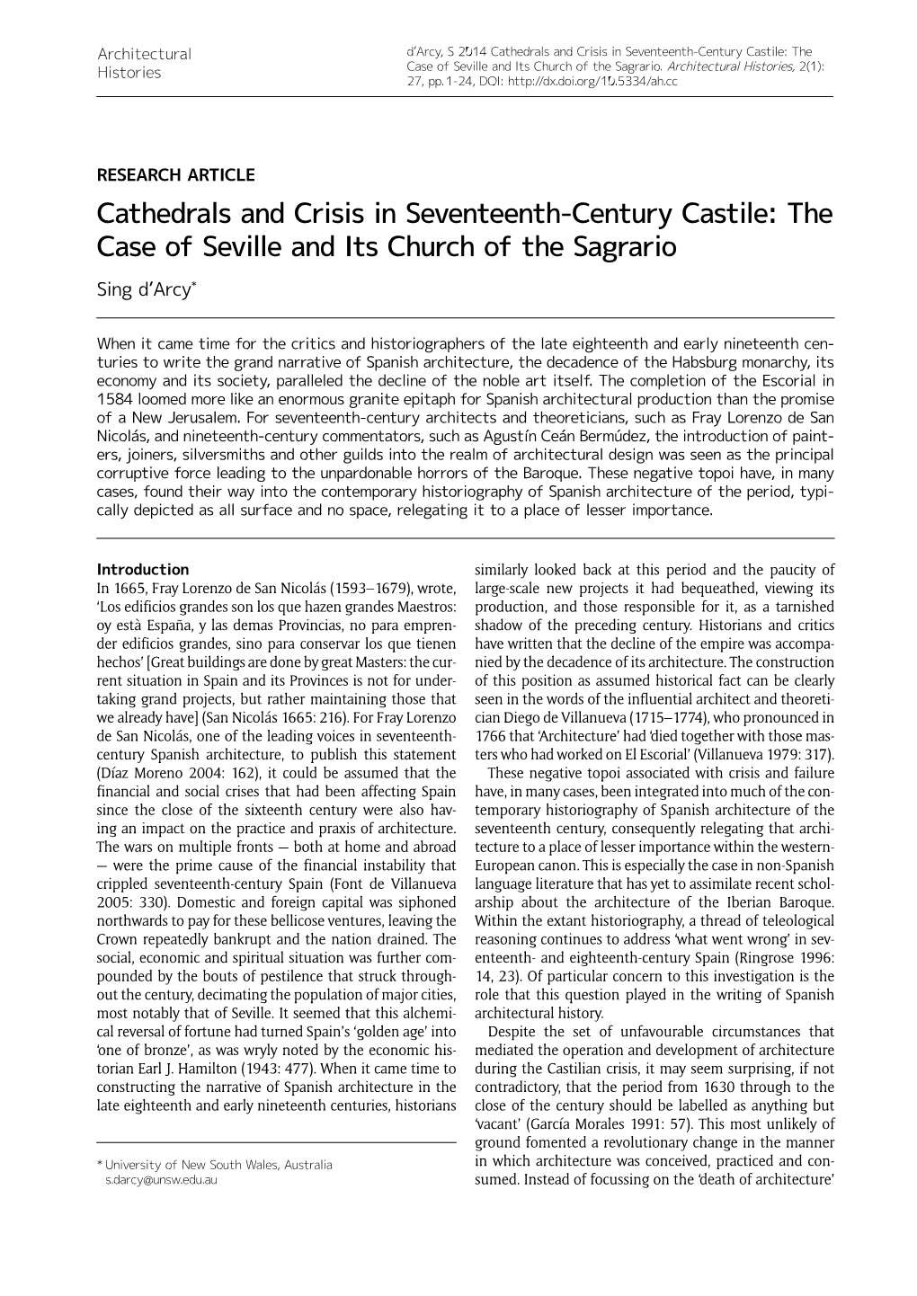 Cathedrals and Crisis in Seventeenth-Century Castile: the Case of Seville and Its Church of the Sagrario Sing D’Arcy*