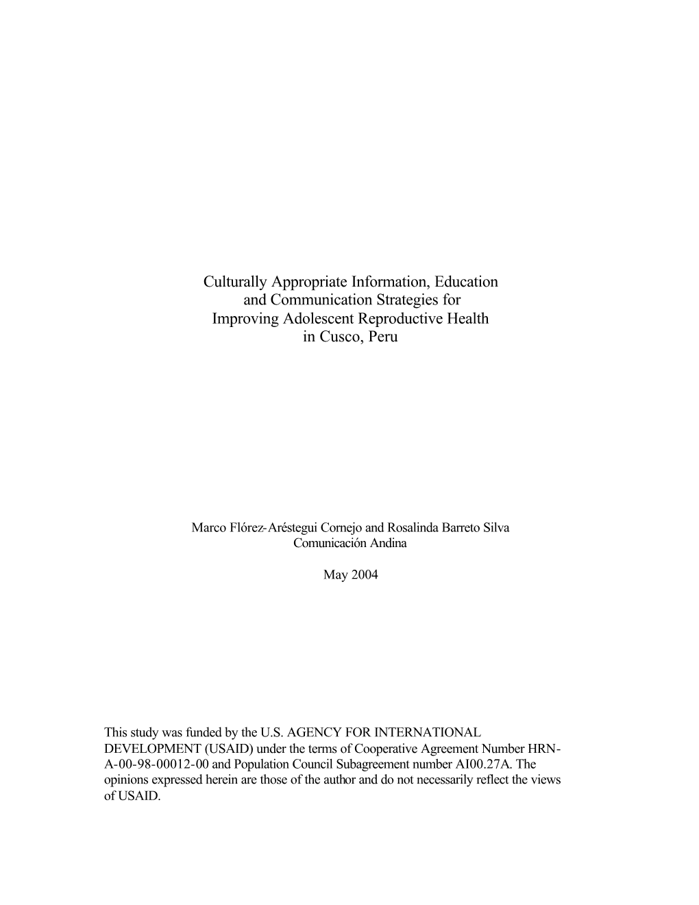 Culturally Appropriate Information, Education and Communication Strategies for Improving Adolescent Reproductive Health in Cusco, Peru