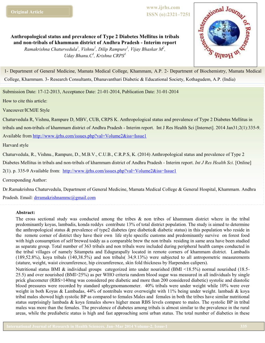 Anthropological Status and Prevalence of Type 2 Diabetes Mellitus In